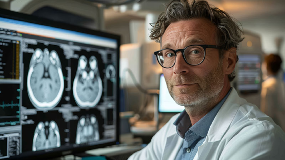 Experienced radiologist reviewing brain scans